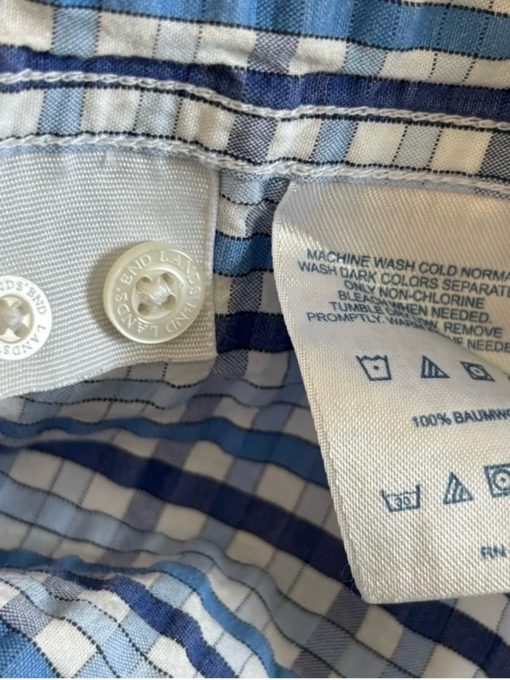 Lands End Men's Blue Plaid Check  Seersucker Short-Sleeve Button-Down Shirt